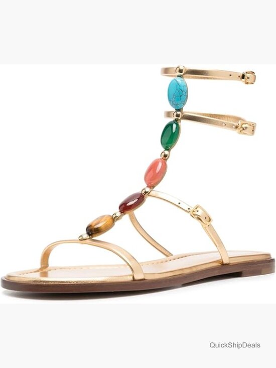 Shoes - Faux Leather Gladiator Flat Sandals with Gemstone Embellishments T-Strap